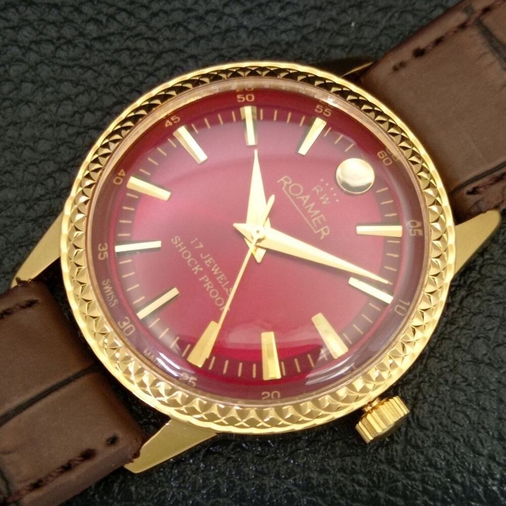 Vintage 1977 Roamer Manual Mens Gold Watch W/Leather Strap & Red accents - Picture 6 of 9